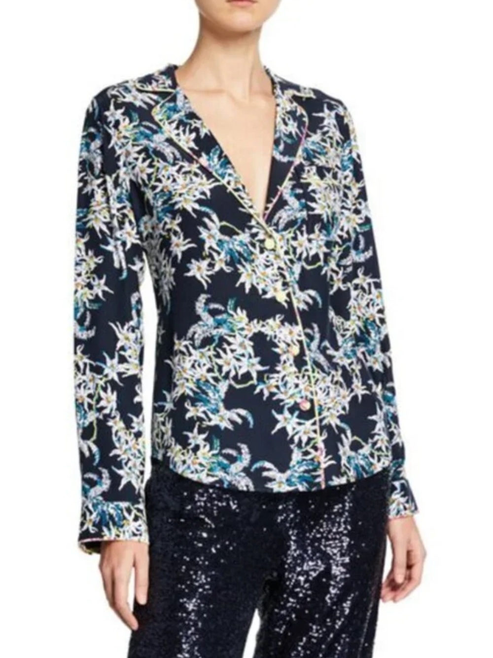 NWT Cinq à Sept Floral Notch-Collar Blouse - Navy Size L